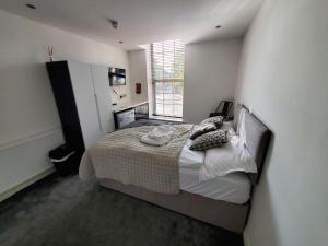 曼彻斯特The Ashcroft Apartments - Free Parking的一间卧室设有一张床和一个窗口