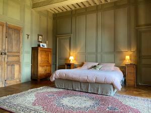 Moulins-le-CarbonnelChâteau de Moulins的一间卧室配有一张床、地毯和两盏灯。
