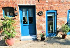 Trebel-Klärchen- die gemütliche 2P Ferienwohnung in Gedelitz, Wendland Elbe的砖楼前的蓝色门和两株盆栽植物