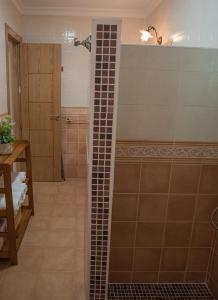 科尔特斯德拉夫龙特拉Casa Rural El Níspero的带淋浴的浴室,铺有瓷砖地板。