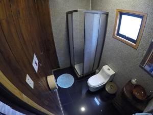 普孔智利几维湖畔背包客旅舍的浴室配有白色卫生间和淋浴。