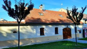 SlatinicePenzion na Figleně的白色的建筑,有棕色的门和两棵树
