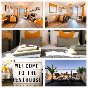 马盖特The Penthouse Margate, Balconies, Sea View, Gated Parking, Air Con!的一张床位和一个客厅的相片拼在一起
