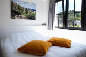 拉罗什-阿登PANACHE - BIKE EN SLEEP HOTEL的卧室配有带2个枕头的窗户。