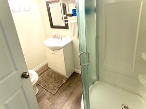 尼亚加拉瀑布Metropolitan Suite的一间带水槽、卫生间和淋浴的浴室