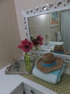 SavanetaTant new room C Beach Front Room的浴室设有镜子和一个带帽子的盥洗盆,位于柜台上