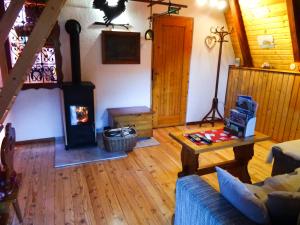 耶塞尼采Wooden Cottage的房屋内带燃木炉的客厅