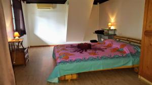哈皮蒂MOOREA - Villa Tereva Nui的一间卧室配有一张带彩色毯子的床