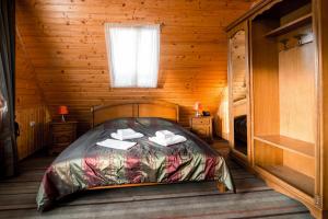 米戈韦Karpatska Vezha的小木屋内一间卧室,配有一张床