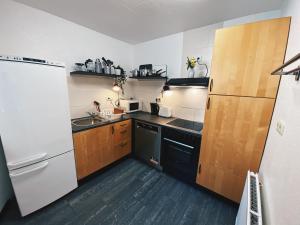 OesterdeichstrichEcoLodge Bungalow的厨房配有白色冰箱和木制橱柜。