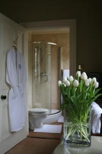 哈罗盖特Alexandra Court的带淋浴和卫生间的浴室以及花瓶