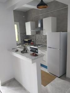 突尼斯Apparts zayatine的厨房配有白色家电和白色冰箱