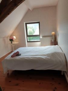 卢尔德La bergerie, maison spacieuse avec grand jardin, vue sur les Pyrénées的卧室配有一张大白色床和窗户