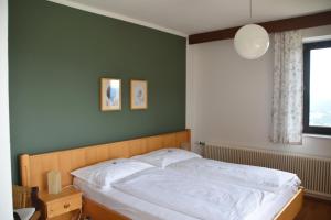 绍萨尔地区基策克Gästehaus-Temmel-Kitzeck的卧室内的一张床位,卧室设有绿色的墙壁