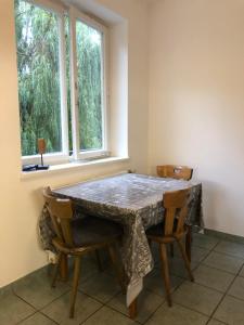 上韦拉赫Ferienhaus Vera的餐桌、两把椅子和窗户