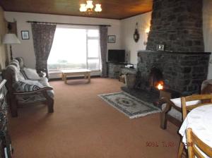 KilcrohaneRose Cottage的客厅设有石制壁炉和窗户。