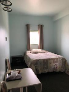 丘吉尔IceBerg Inn的一间卧室配有一张床、一张桌子和一个窗户。