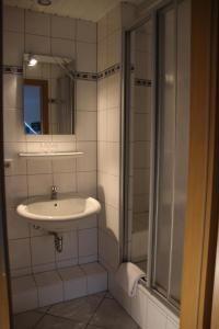 LöningenHotel garni Landhaus Burs的一间带水槽和淋浴的浴室