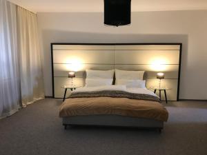 莱布尼茨Charmante Stadtwohnung im Zentrum von Leibnitz的一间卧室配有一张大床和两盏灯