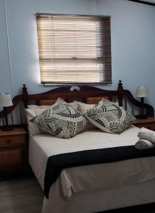 斯托姆勒菲Nadine's Self-Catering Accommodation的卧室配有带枕头的床铺和窗户。