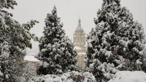 毕尔巴鄂奥尔艾恩旅舍的建筑物前的一组雪覆盖的树木