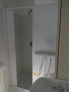 阿塞尔吉Hotel Giampy的带淋浴、盥洗盆和镜子的浴室