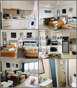 莎阿南Studio I-Soho D'Gunduls Homestay by DGH I-CITY的客厅和厨房的照片拼合在一起