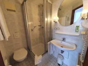 斯图加特豪斯特格潘森酒店的浴室配有卫生间、盥洗盆和淋浴。