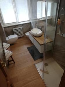 阿罗纳Suite 51 Appartamento con terrazzo a 50 mt dal lago - Private Parking的带淋浴、卫生间和盥洗盆的浴室