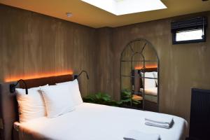 乌得勒支City Center Lodge Utrecht的一间卧室配有一张床和镜子