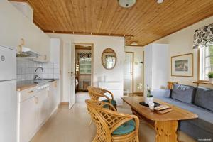 博伦厄First Camp Mellsta-Borlänge的厨房和带木制天花板的客厅