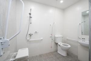 纽敦纳兹斯特兰福德纹章酒店的带淋浴、卫生间和盥洗盆的浴室