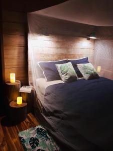 瓜皮莱斯Poponé Farm & Lodge的一间卧室配有一张带蓝色床单和枕头的床。