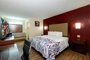 哥伦布Red Roof Inn Columbus, MS的配有一张床和一台平面电视的酒店客房