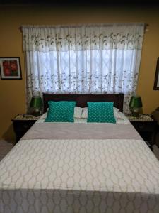 Santa Cruz极限自由住宿加早餐旅馆的一间卧室配有一张带绿色枕头的大床