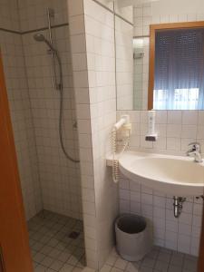 纽伦堡Landgasthof Hotel Grüner Baum的一间带水槽和淋浴的浴室