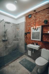 阿卢克斯内Bahnhofs hotel的带淋浴、卫生间和盥洗盆的浴室
