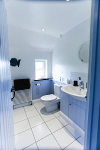 西威特灵Linden House的蓝色的浴室设有卫生间和水槽