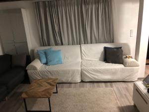 ForchtenauVilla Rafael的客厅配有白色沙发及蓝色枕头