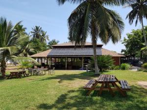 AmpeniKo-Sa Beach Resort的一座带野餐桌和棕榈树的建筑