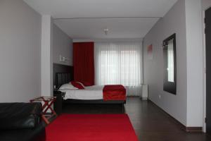 拉卢维耶尔卢维酒店的一间卧室配有一张床和红色地毯