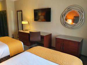 莱昂乐翁圣弗朗西斯科酒店的酒店客房设有两张床、一张桌子和一面镜子