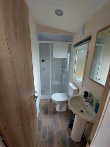哈罗盖特Rustling Pines at Knaresborough Lido的一间带水槽、卫生间和镜子的浴室