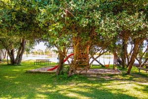 卡蒂马穆利洛Zambezi Mubala Campsite的公园里的一个游乐场,有树木和红色滑梯