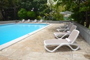 金斯敦利瓜尼亚俱乐部酒店的游泳池旁的一排躺椅