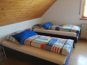 德根多夫Schöne Wohnung in Deggendorf für 1 bis 5 Personen的配有两张单人床的木天花板客房