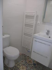 基伯龙Petite maison à deux pas du centre et des plages的白色的浴室设有卫生间和水槽。