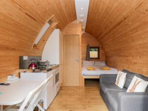 伯克利Halmore Pod的一间小厨房和一间位于小房子内的客厅