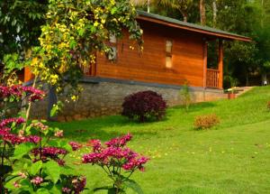 卡尔佩特塔Room in Villa - LakeRose Wayanad Resort的小木屋前方有粉红色的花朵