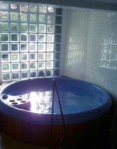 维莱费里勒卫杰苏雷维尼酒店的窗户客房内的大蓝色浴缸